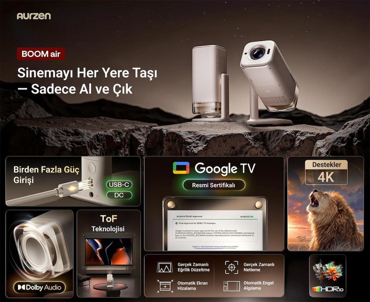 Vankyo Aurzen Boom Air Android Google TV 4K Destekli Projeksiyon Cihazı +HDR10+ToF Auto Focus+Auto Keystone+6G WiFi+6.1BT+Dolby Ses Sistemi+Powerbank Desteği – PS5/PS4/XBOX