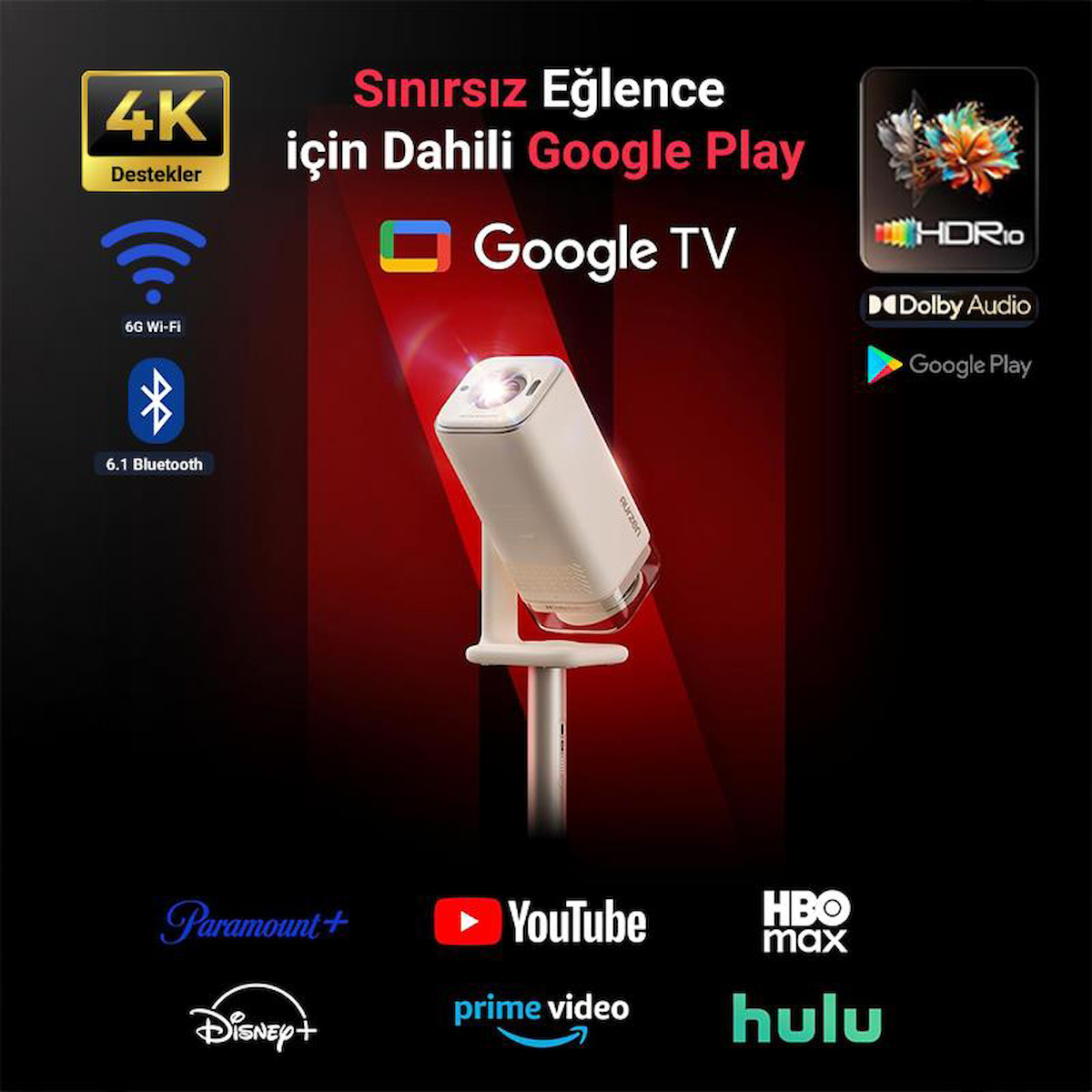 Vankyo Aurzen Boom Air Android Google TV 4K Destekli Projeksiyon Cihazı +HDR10+ToF Auto Focus+Auto Keystone+6G WiFi+6.1BT+Dolby Ses Sistemi+Powerbank Desteği – PS5/PS4/XBOX