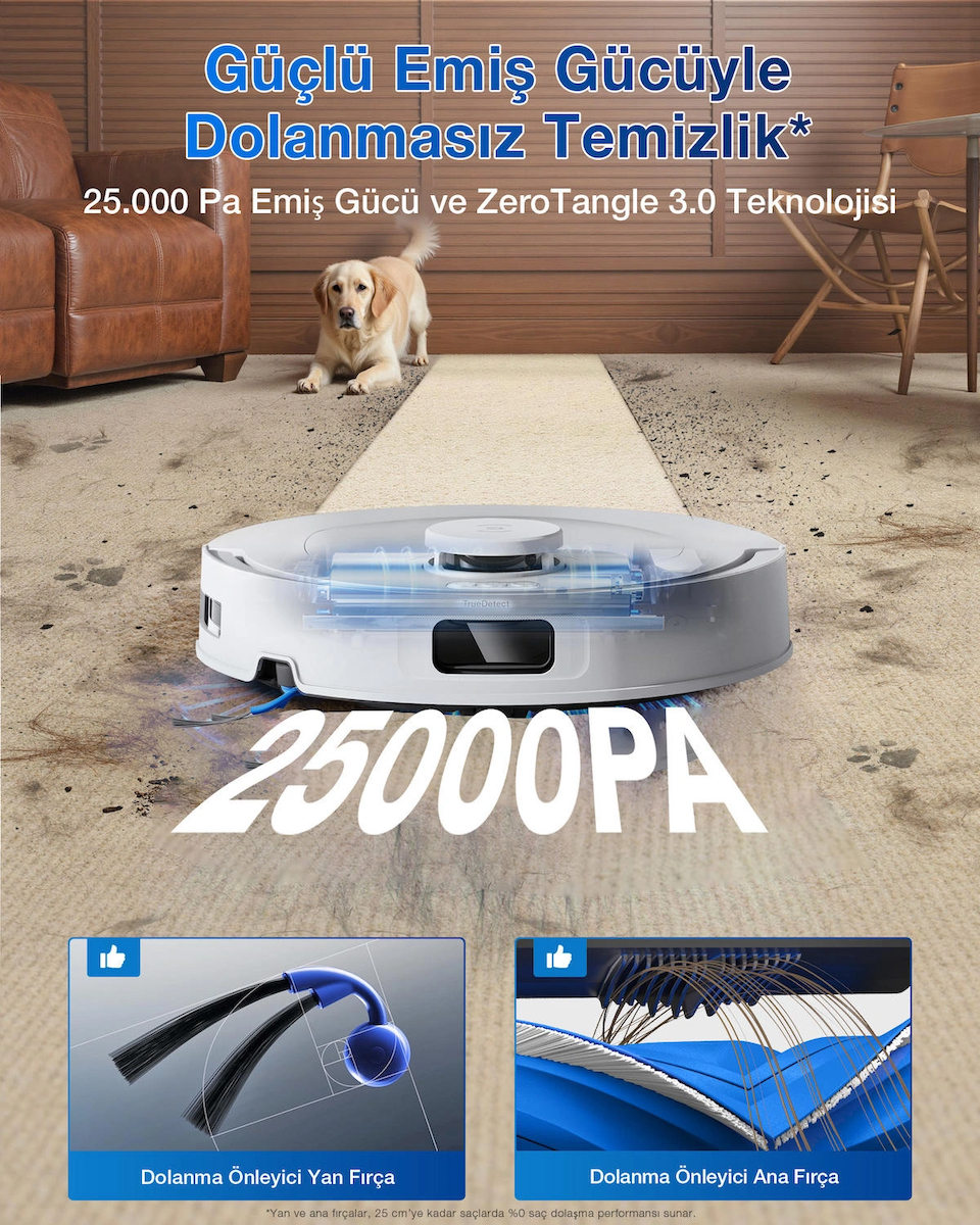 Ecovacs Deebot T30C Prime Omni Robot Süpürge, 25000 Pa Emiş Gücü, Otomatik Boşaltma, Sıcak Hava ile Kurutma 240 Dakika Çalışma Süresi, Hayvan Tüyleri ve Halılar Için Ideal