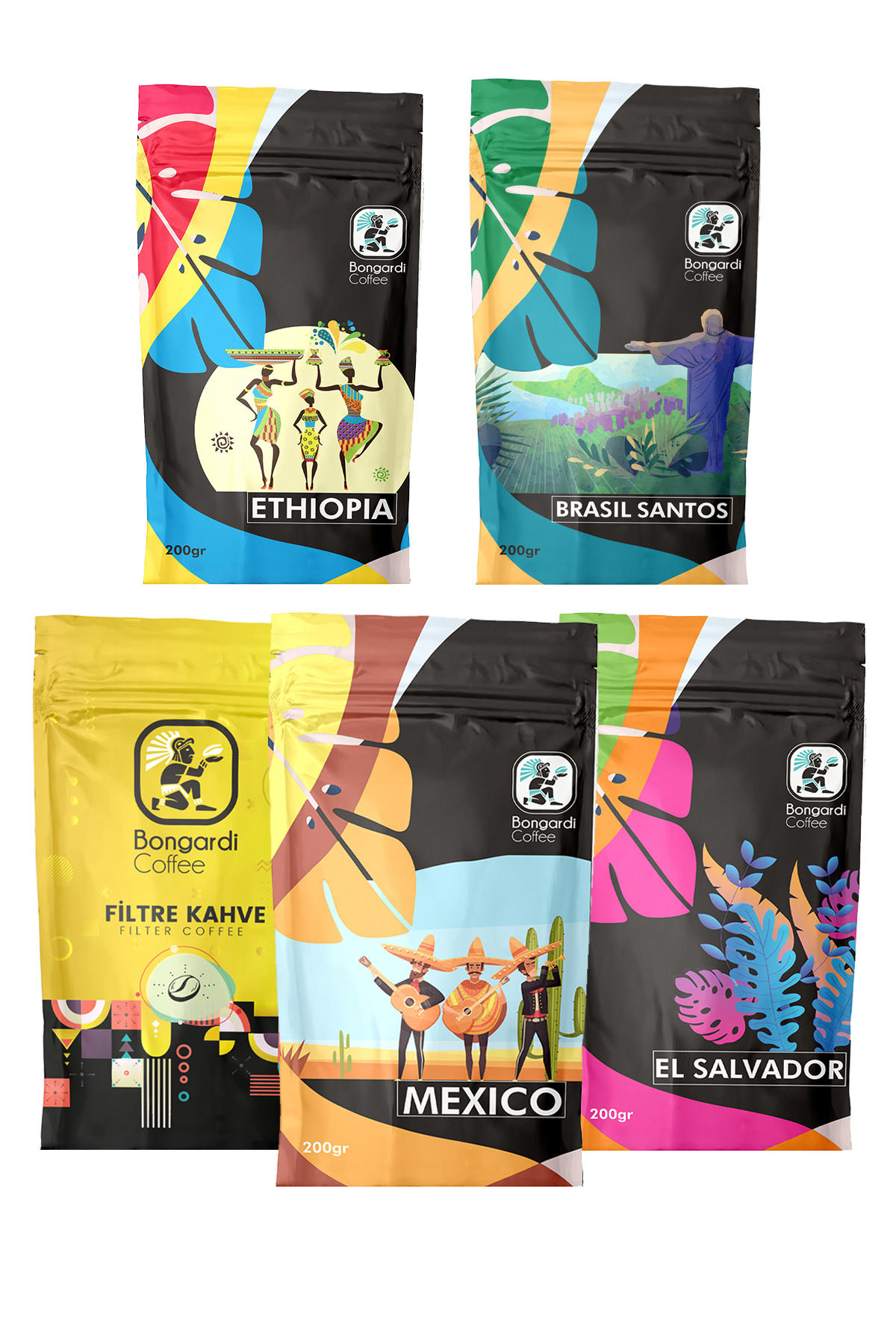 Santos Etiyopya Mexico El Salvador Intense Blend Öğütülmüş Filtre Kahve Seti 5 x 200 g