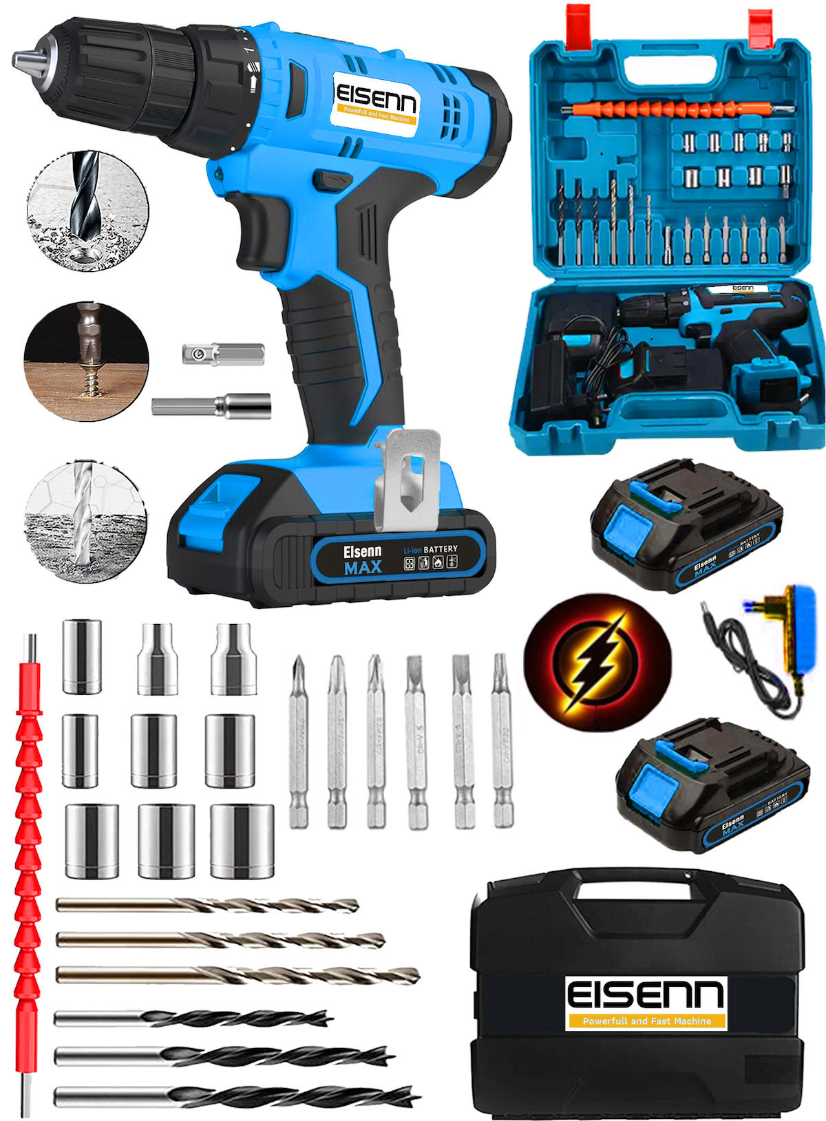 Eisenn Germany E-10021 Yüksek Tork Rainth BLUE Çelik Şanzuman Çift Akülü Şarjlı Vidalama Matkap + Set Hediyeli