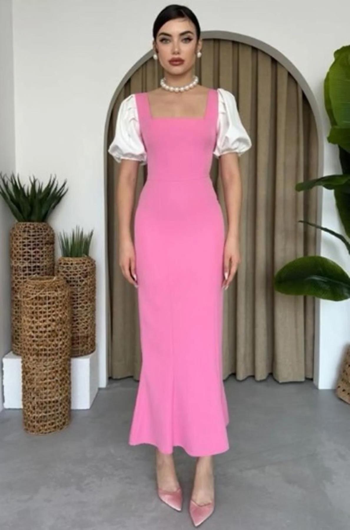 Vintage Stil Balon Kol Elbise - Pembe