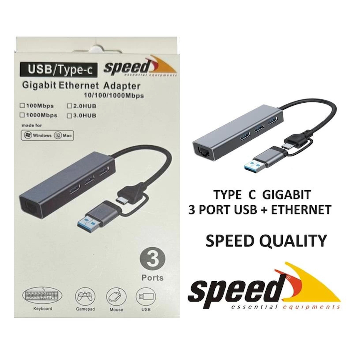 ONTECH - Speed Sp Uet01 10/100/1000mbps Usb / Type-c 3 Port Usb 3.0 Çoklayıcı Gıgabıt Ethernet Dönüştürücü