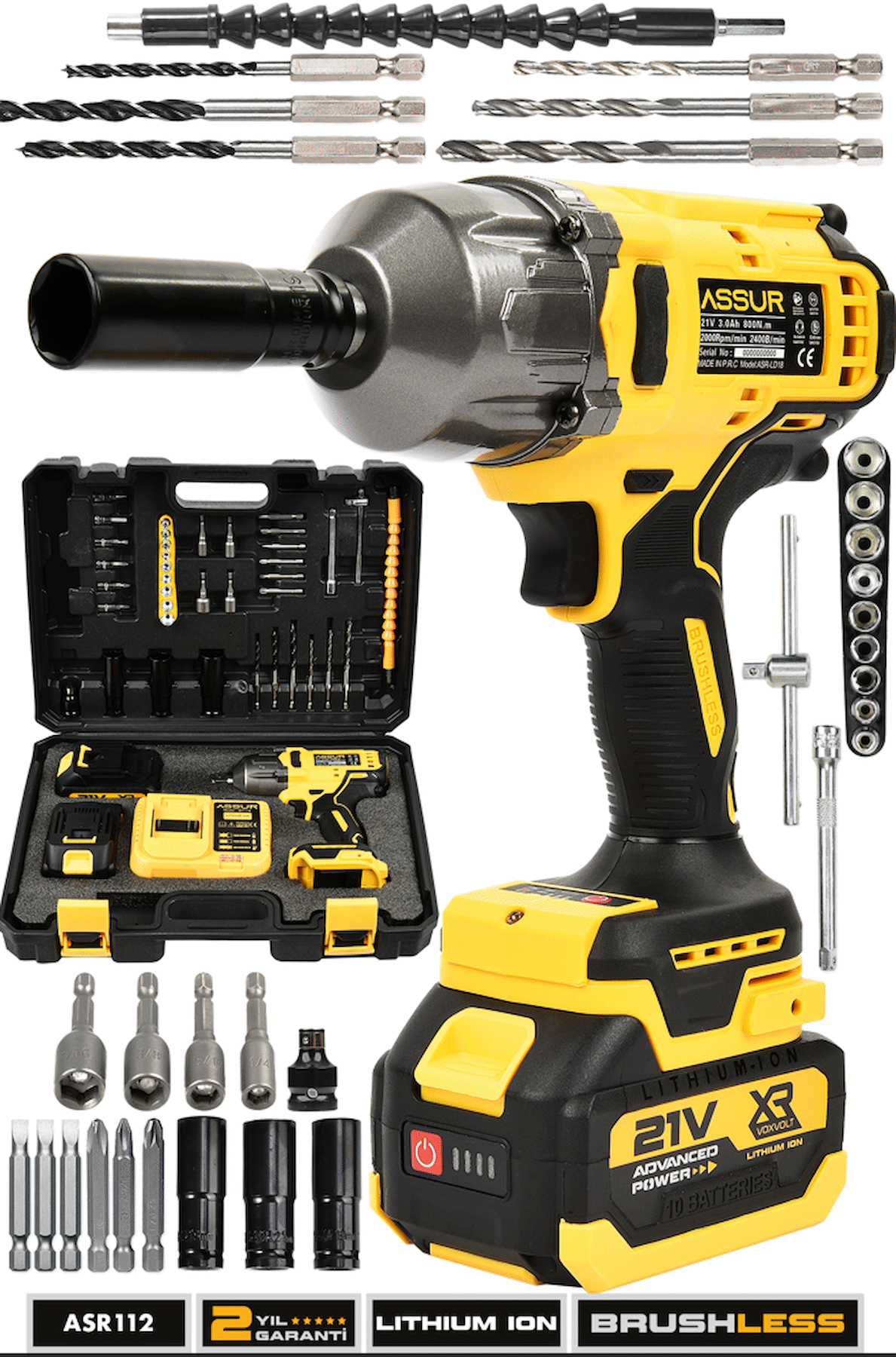 Assur 21V  Kömürsüz Motor 800 Nm Torklu Şarjlı Somun Sıkma Bijon Sökme Set