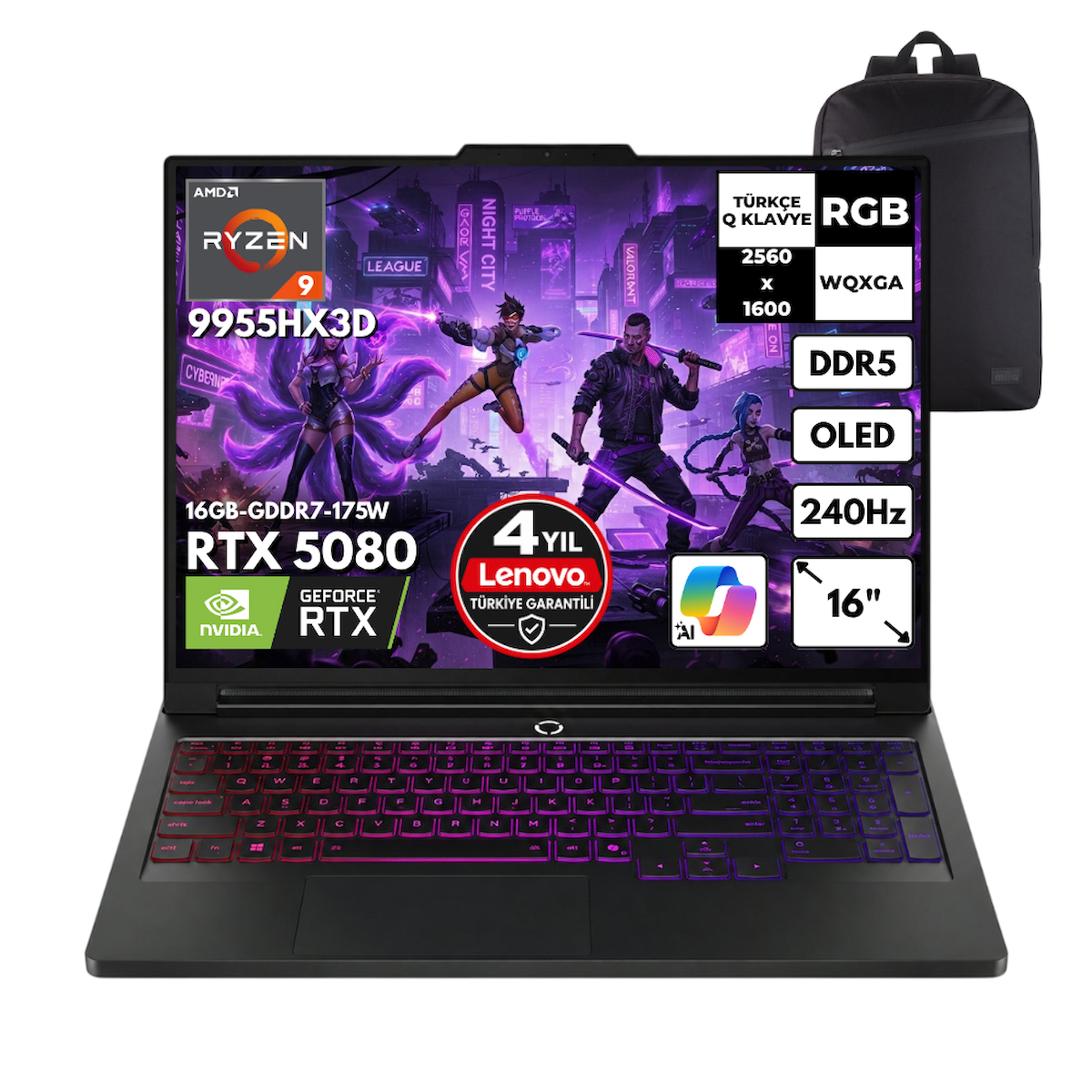 Lenovo Legion Pro7 Ryzen 9-9955HX3D 64-GBDDR5 4 TBSSD RTX5080 (16 GB-GDDR7-175W) 16″ WQXGA OLED Windows 11 Pro + HMF Sırt Çantası 83RU0031TRHMF22