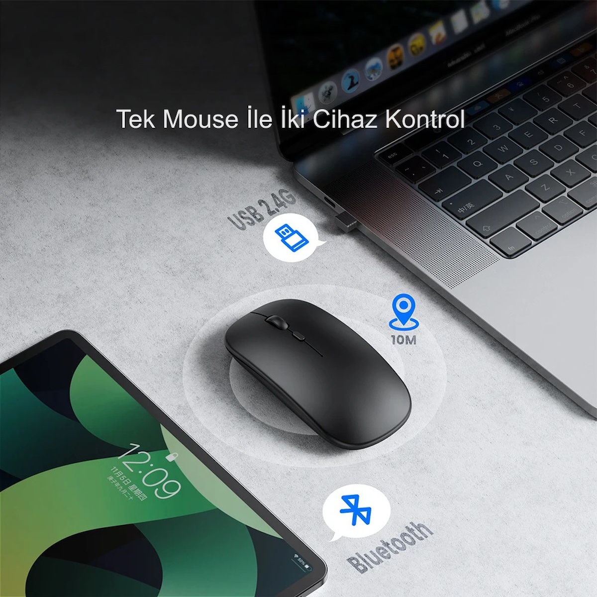 HyMark Sessiz Tıklama Şarjlı Çift Modlu Bluetooth Kablosuz 2.4Ghz Siyah Mouse