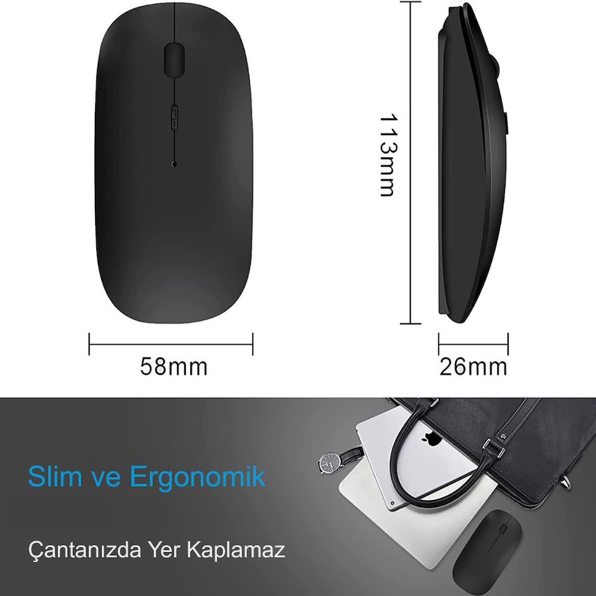 HyMark Sessiz Tıklama Şarjlı Çift Modlu Bluetooth Kablosuz 2.4Ghz Siyah Mouse