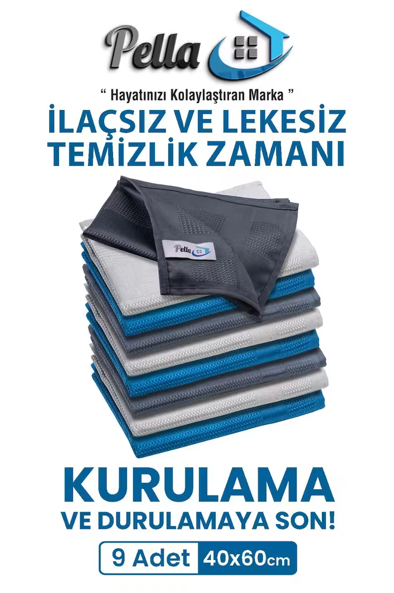 Pella Active 9'lu Mikrofiber Temizlik Bezi, Cam, Araba, Mutfak, Fiber Temizleme Bezi (40 X 60 Cm)