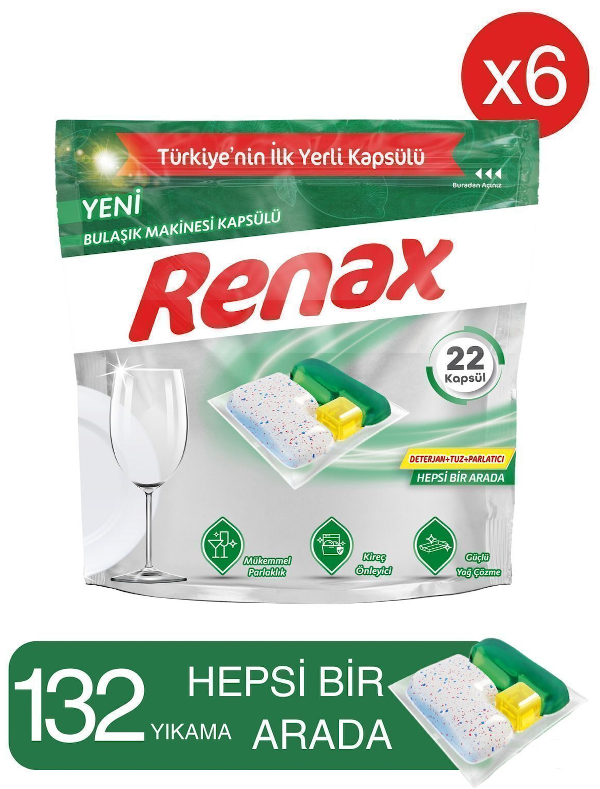 Renax Bulaşık Makinesi Kapsülü Hepsi Bir Arada 22 li x 6 Adet