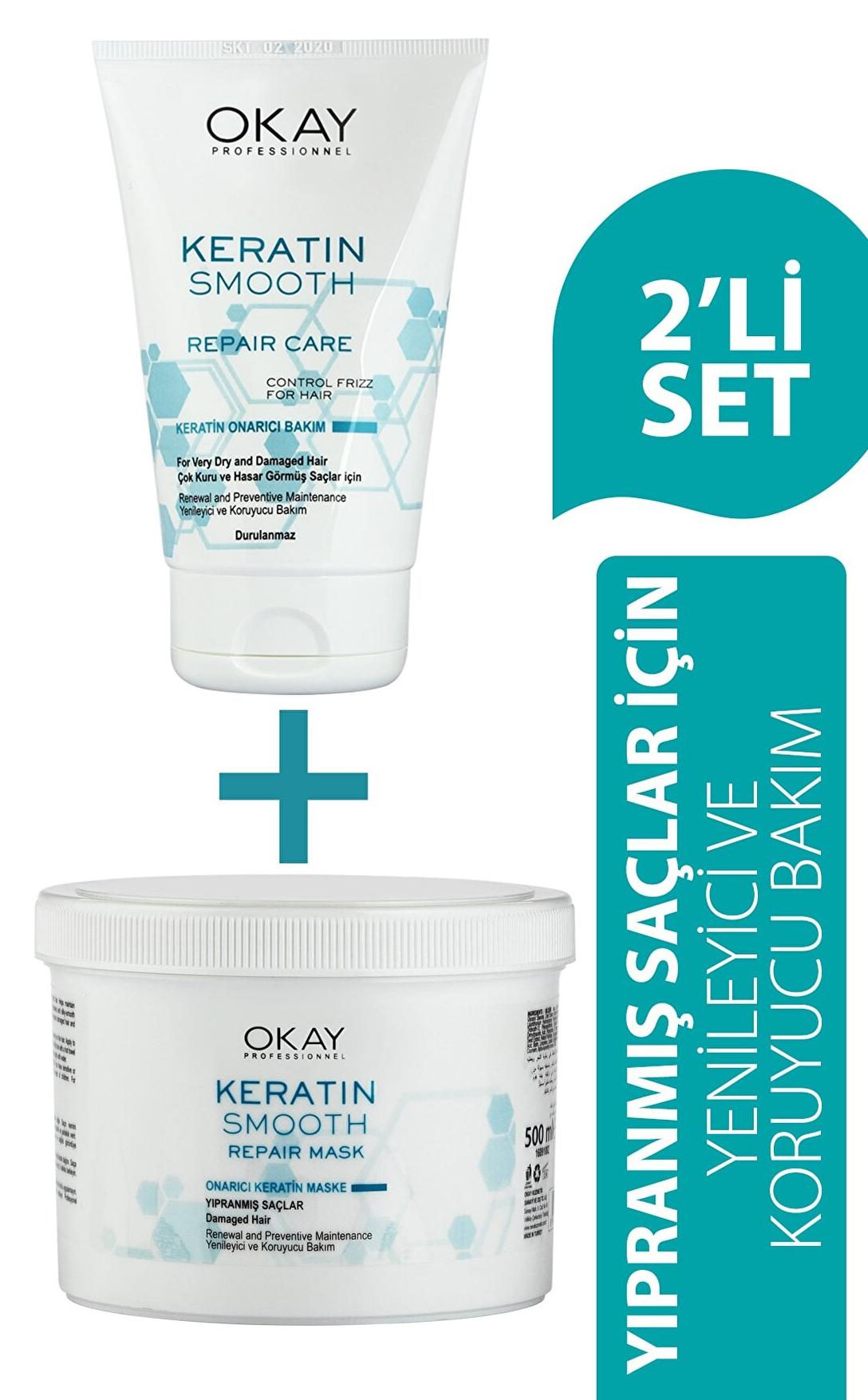 Okay Keratin Smooth Onarıcı Saç Maskesi +Durulanmayan Bakım Kremi Set