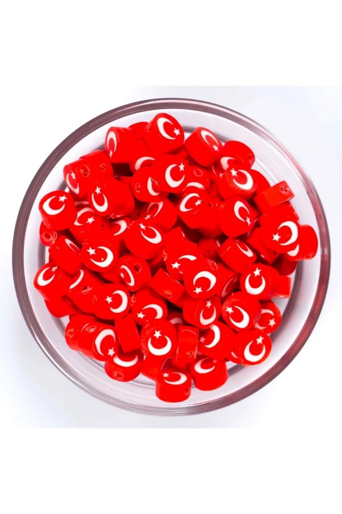 100 Adet Fimo Türk Bayrağı Boncuk - 1. Kalite - Ay Yıldız Boncuk - 23 Nisan