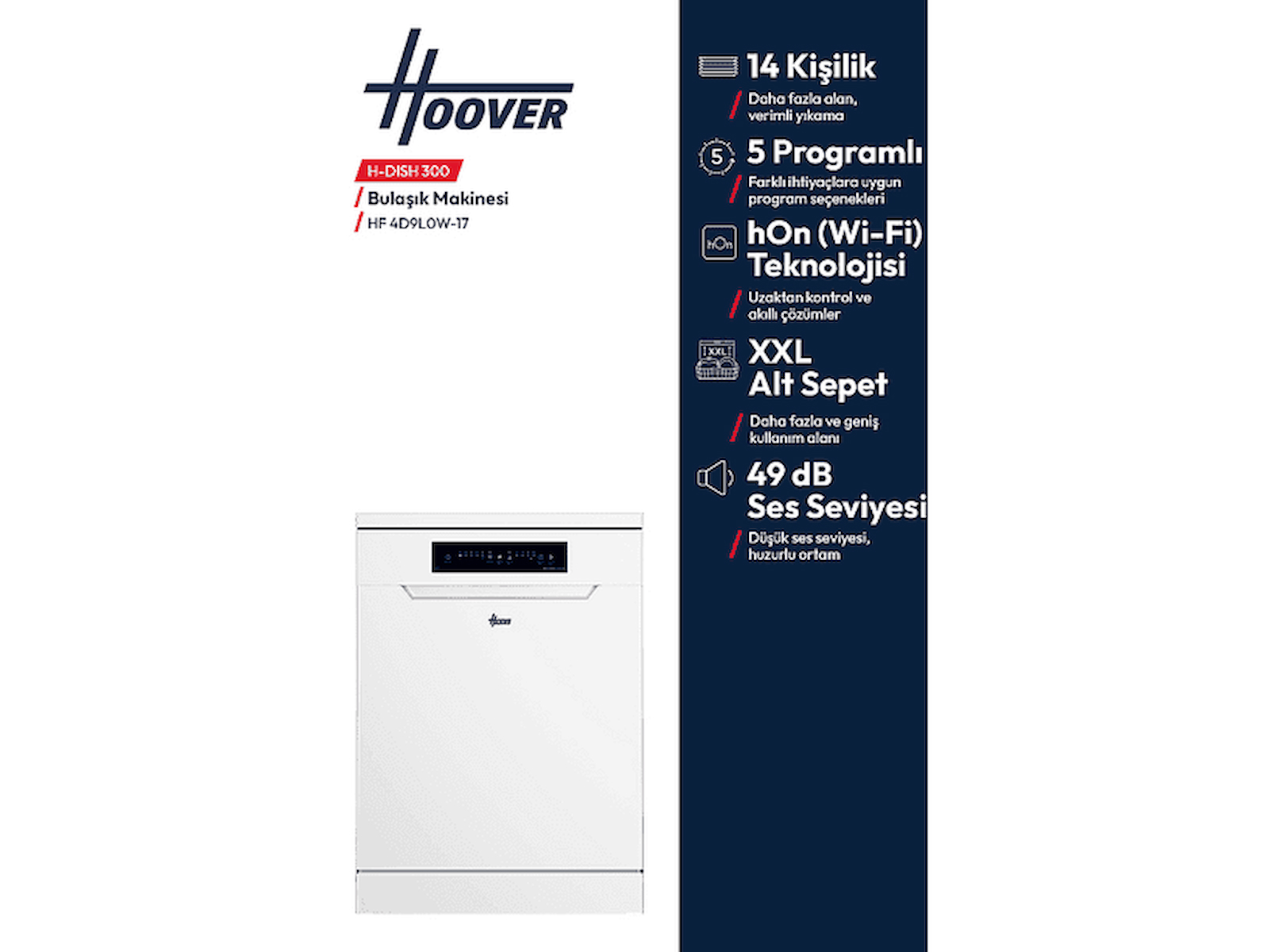 HOOVER Hf 4D9L0W-17 D Enerji Sınıfı 14 Kişilik 5 Programlı Wi-Fi Bağlantılı Bulaşık Makinesi Beyaz