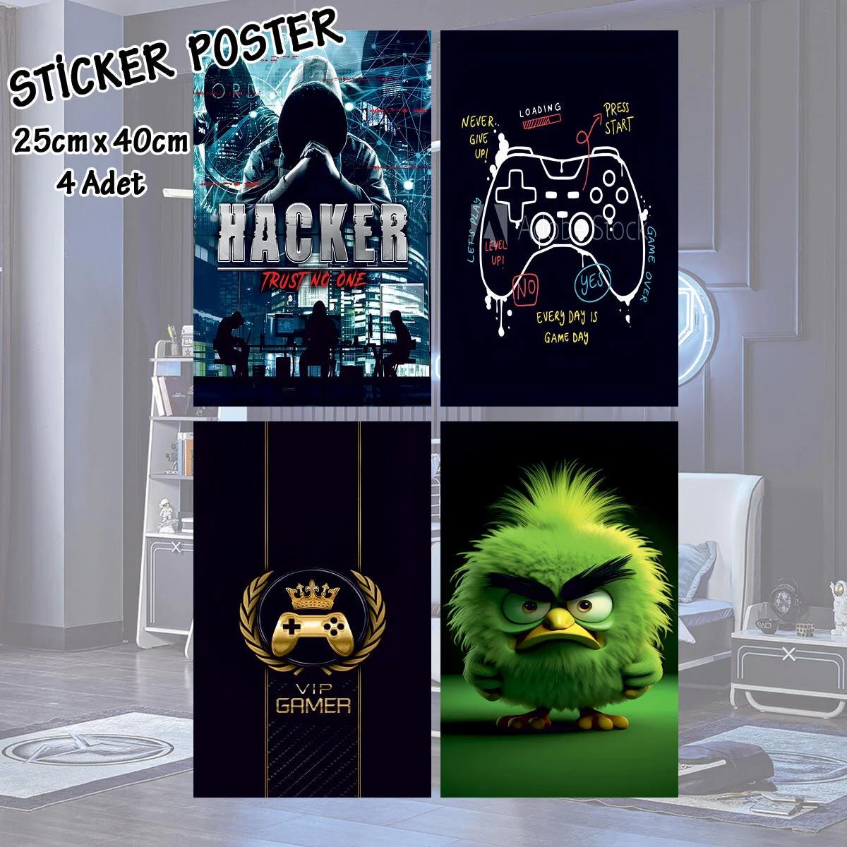 hacker vip gamer oyuncu joystick - 4 adet yapışkanlı poster sticker etiketler - dolap cam oda için