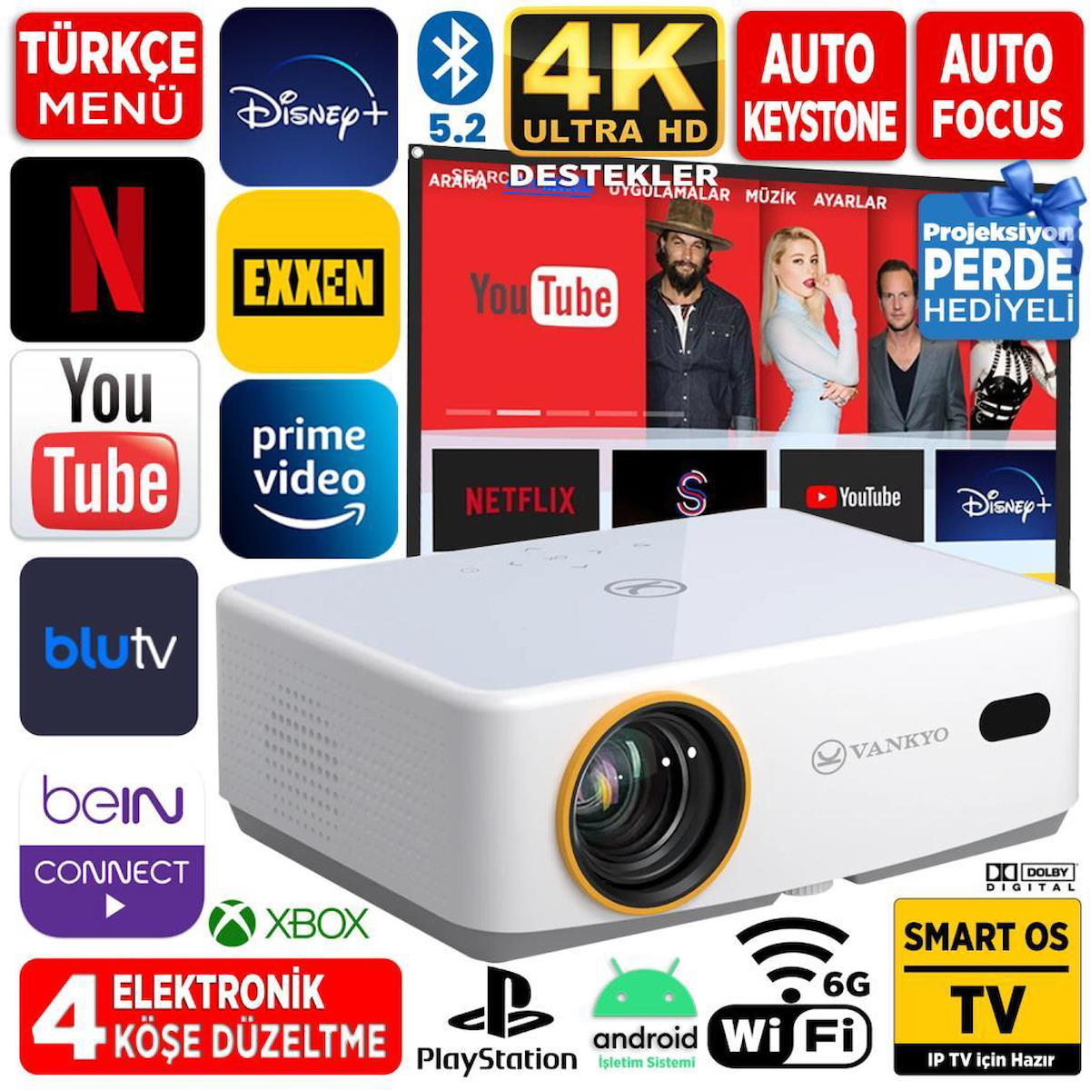 Vankyo Leisure L570B SmartTV 4K Destekli Projeksiyon Cihazı +Auto Focus+Auto Keystone+6G WiFi+5.2 Bluetooth+300 İnç Yansıtma+Dolby Premium Ses Sistemi Beyaz PS5/PS4/XBOX