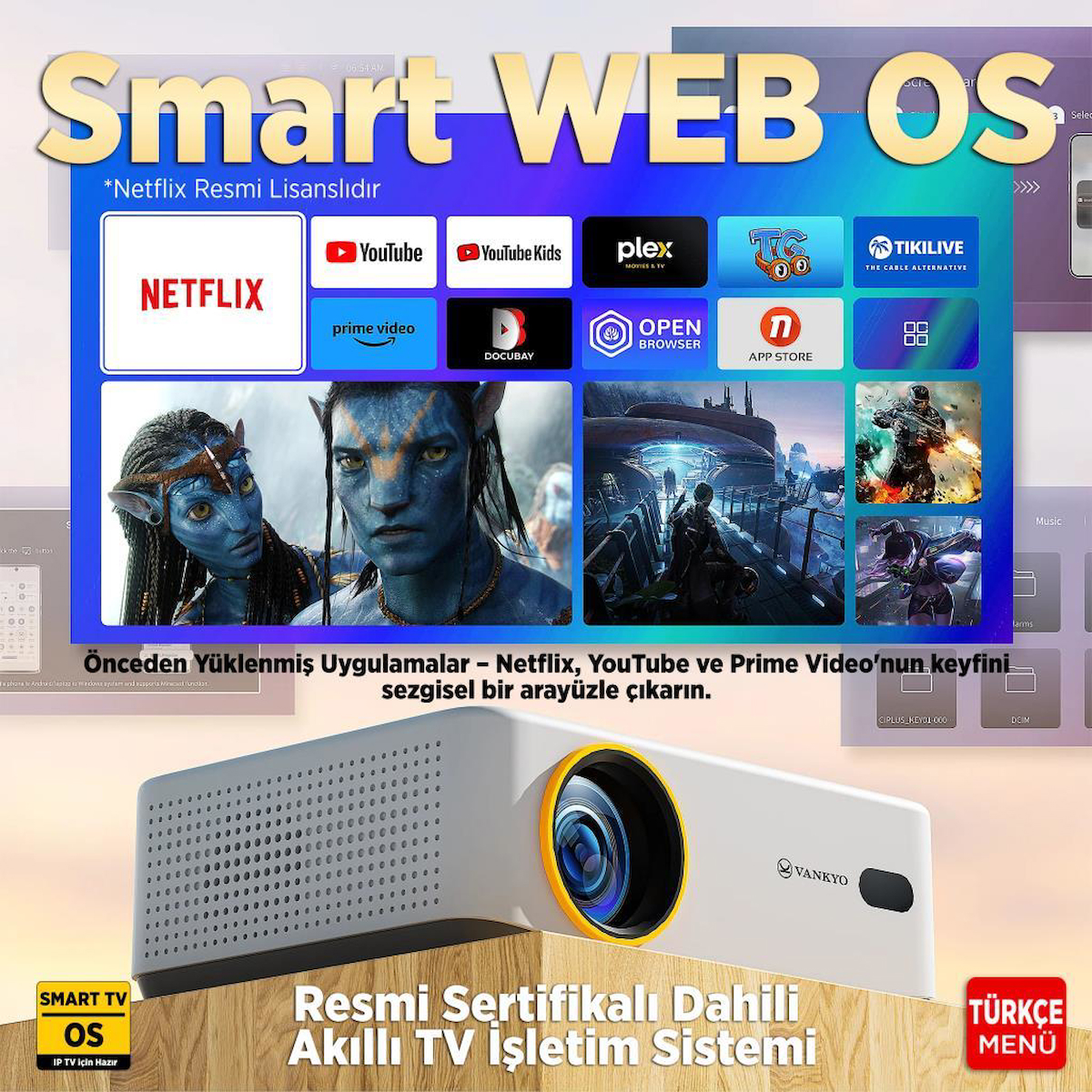 Vankyo Leisure L570B SmartTV 4K Destekli Projeksiyon Cihazı +Auto Focus+Auto Keystone+6G WiFi+5.2 Bluetooth+300 İnç Yansıtma+Dolby Premium Ses Sistemi Beyaz PS5/PS4/XBOX