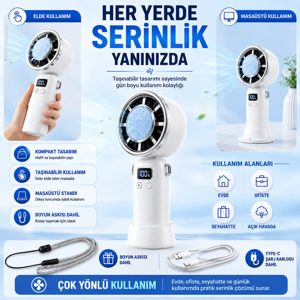 Taşınabilir El Vantilatörü ve Masaüstü Fanı, 200 Kademeli Ayarlanabilir Hız, Dijital Ekranlı, Şarj Edilebilir Mini Fan, Çıkarılabilir Masaüstü Standlı, Sessiz Güçlü Soğutucu Fan