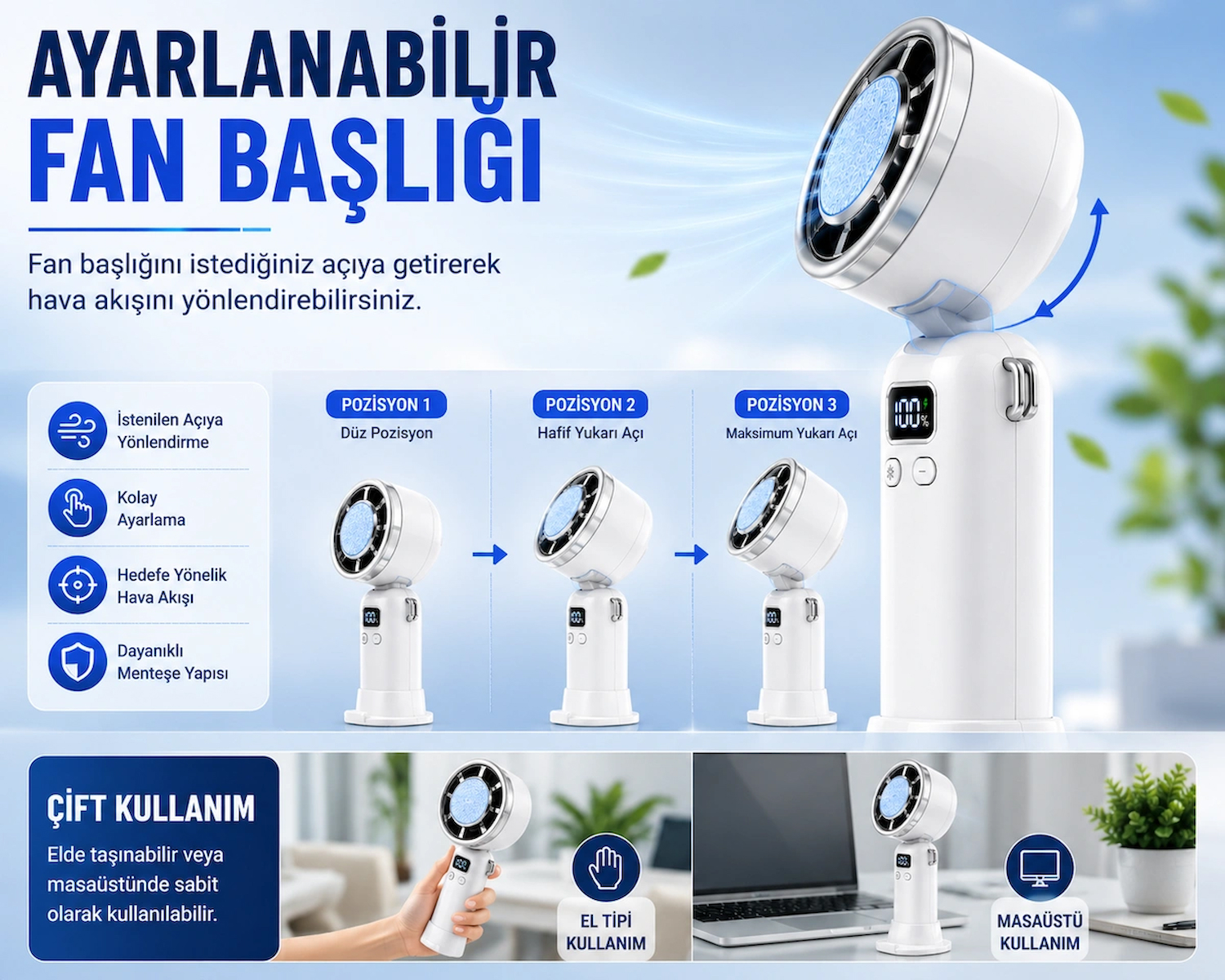 Taşınabilir El Vantilatörü ve Masaüstü Fanı, 200 Kademeli Ayarlanabilir Hız, Dijital Ekranlı, Şarj Edilebilir Mini Fan, Çıkarılabilir Masaüstü Standlı, Sessiz Güçlü Soğutucu Fan