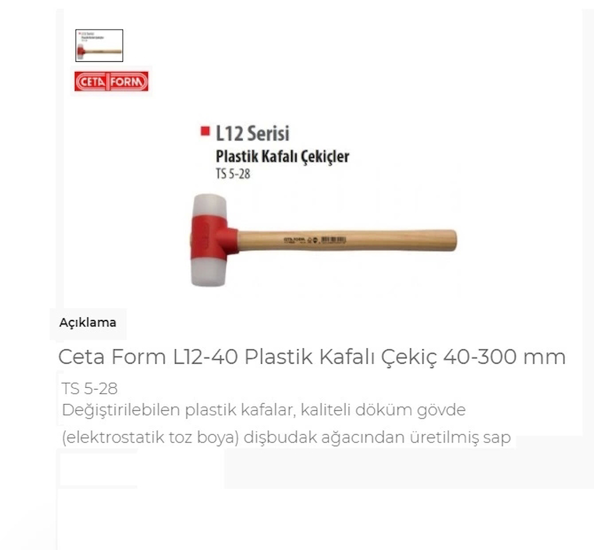 Ceta Form L12-40 Plastik Kafalı Çekiç 40-300 Mm