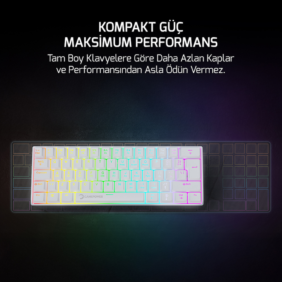 GamePower Lyra RGB 60M 62Tuş Beyaz Mekanik Kablolu Blue Switch Klavye – 3 Yıl Garantili