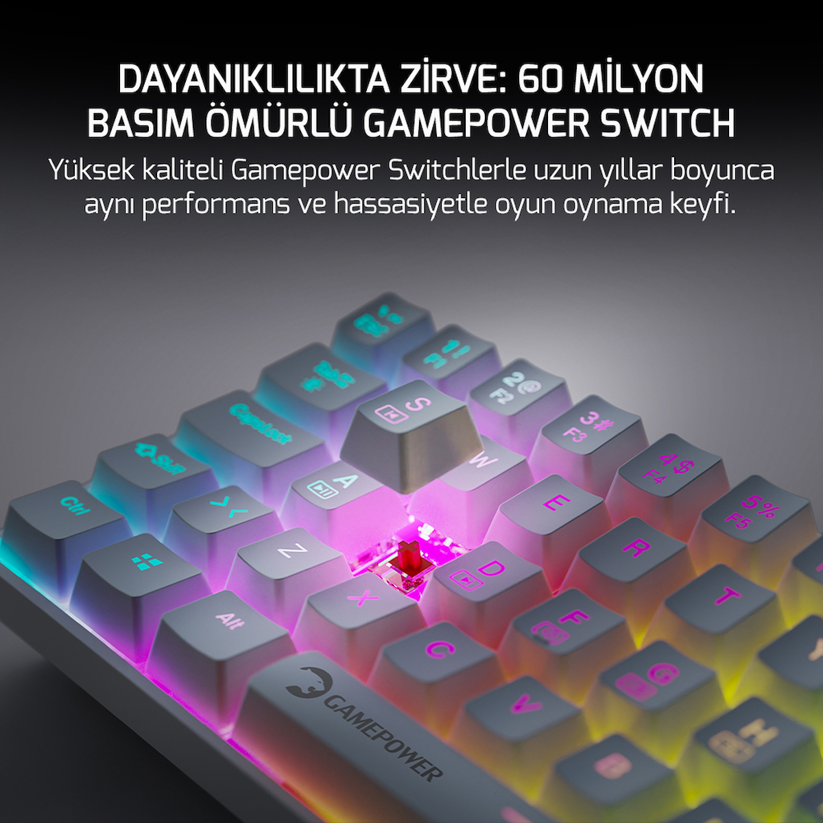 GamePower Lyra RGB 60M 62Tuş Beyaz Mekanik Kablolu Blue Switch Klavye – 3 Yıl Garantili