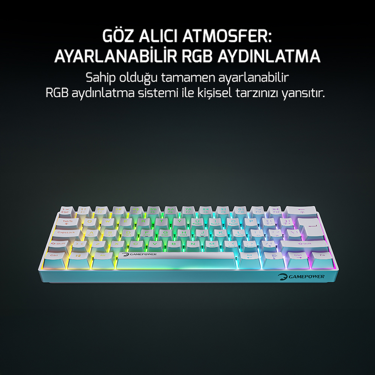 GamePower Lyra RGB 60M 62Tuş Beyaz Mekanik Kablolu Blue Switch Klavye – 3 Yıl Garantili