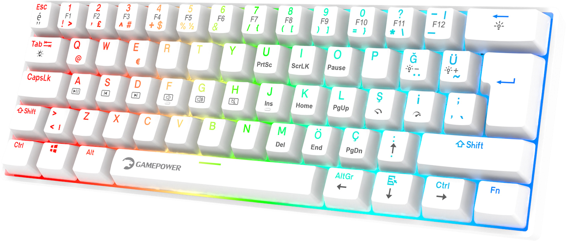 GamePower Lyra RGB 60M 62Tuş Beyaz Mekanik Kablolu Red Switch Klavye – 3 Yıl Garantili
