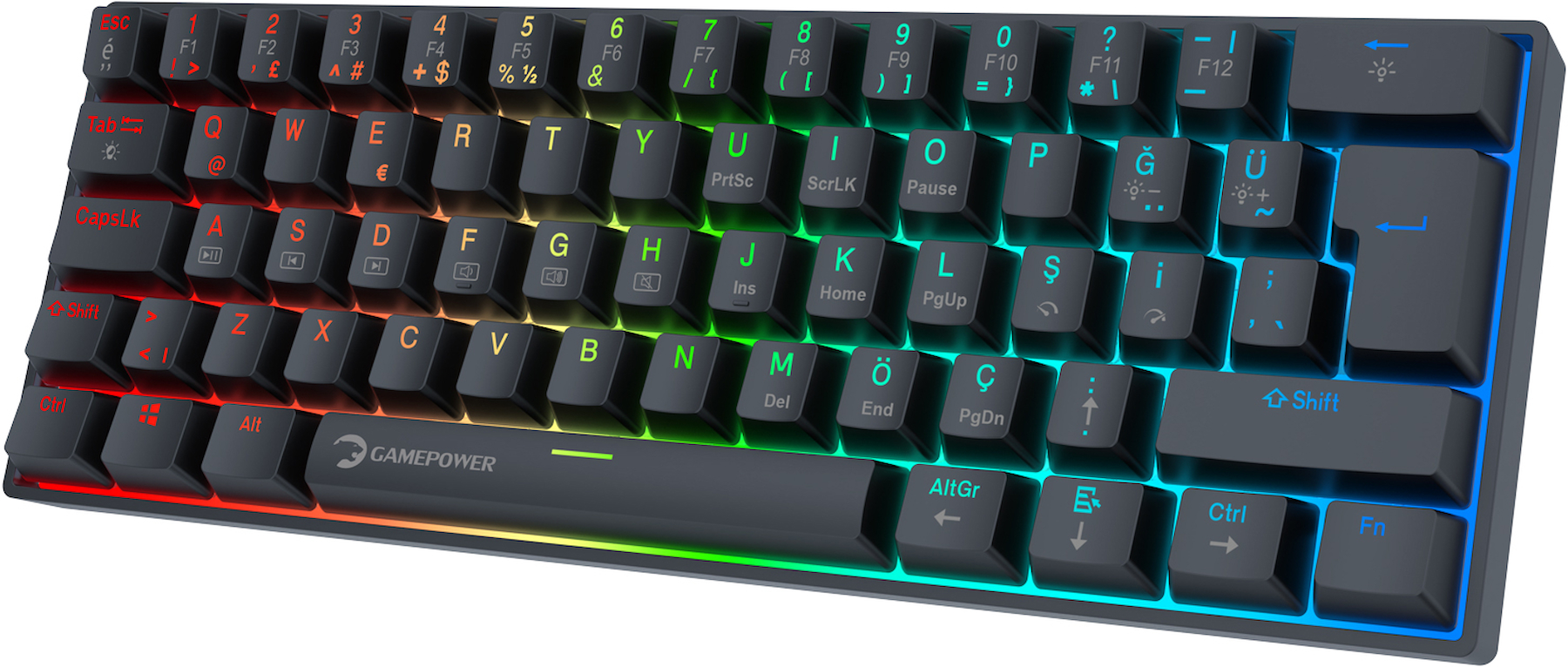 GamePower Lyra RGB 60M 62Tuş Siyah Mekanik Kablolu Red Switch Klavye – 3 Yıl Garantili
