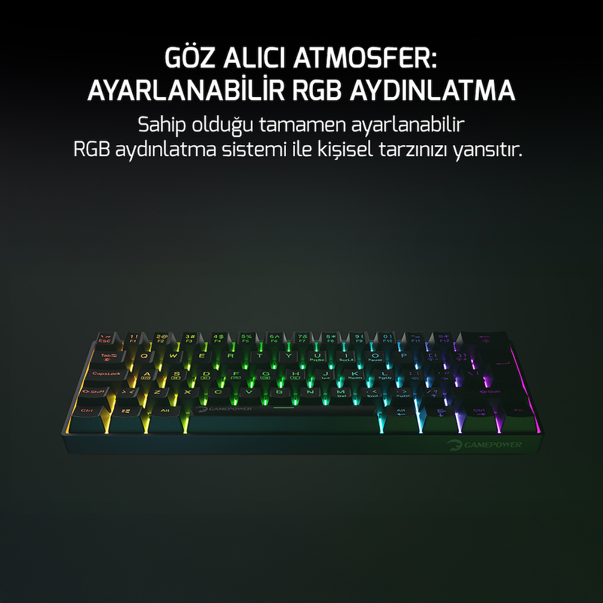 GamePower Lyra RGB 60M 62Tuş Siyah Mekanik Kablolu Blue Switch Klavye – 3 Yıl Garantili