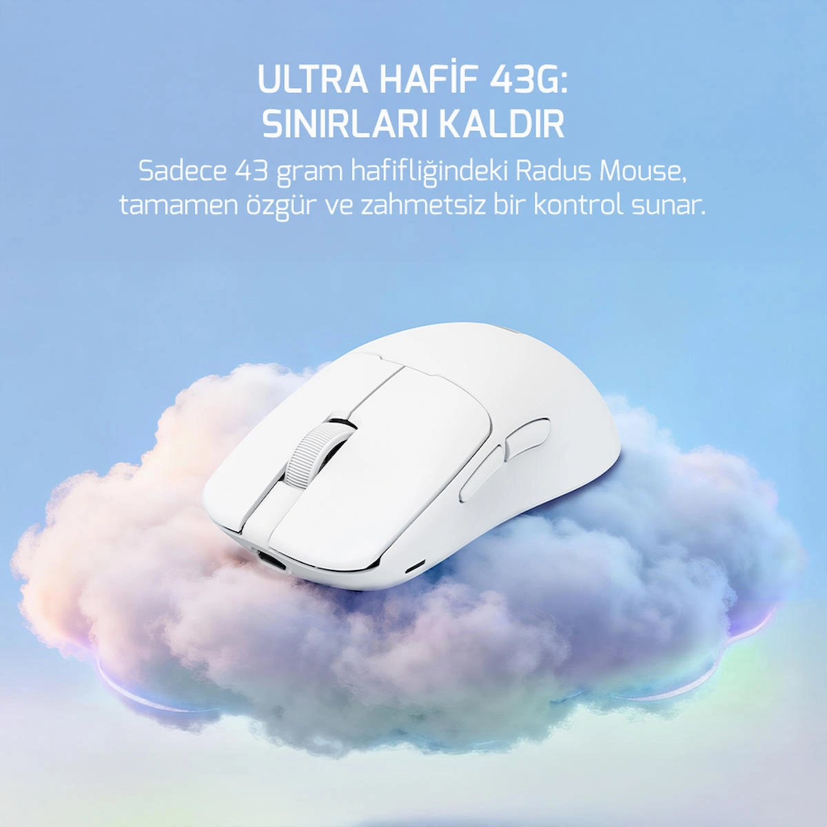 GamePower Radus 12.000DPI Triple Mode (Kablolu/Bluetooth/2.4G) Beyaz Gaming Mouse (Grip Tape Hediyeli)