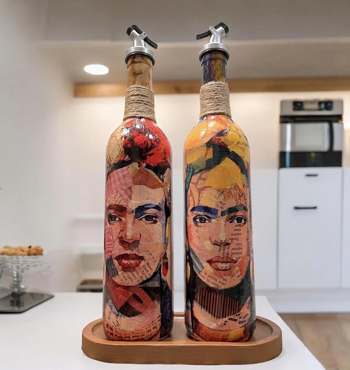 Frida Kahlo Desenli 750 ml Zeytinyağı Sıvıyağ Şişesi Yağdanlık Yağlık Sirkelik Sosluk 2'li Set