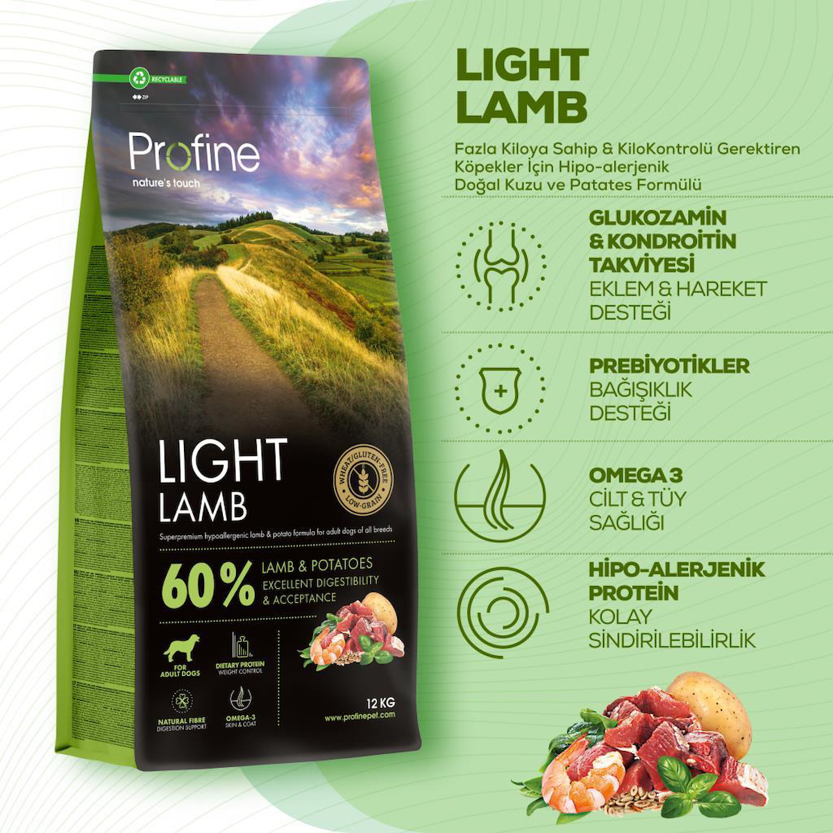 Profine Light Glutensiz Kuzulu Köpek Maması 12 kg