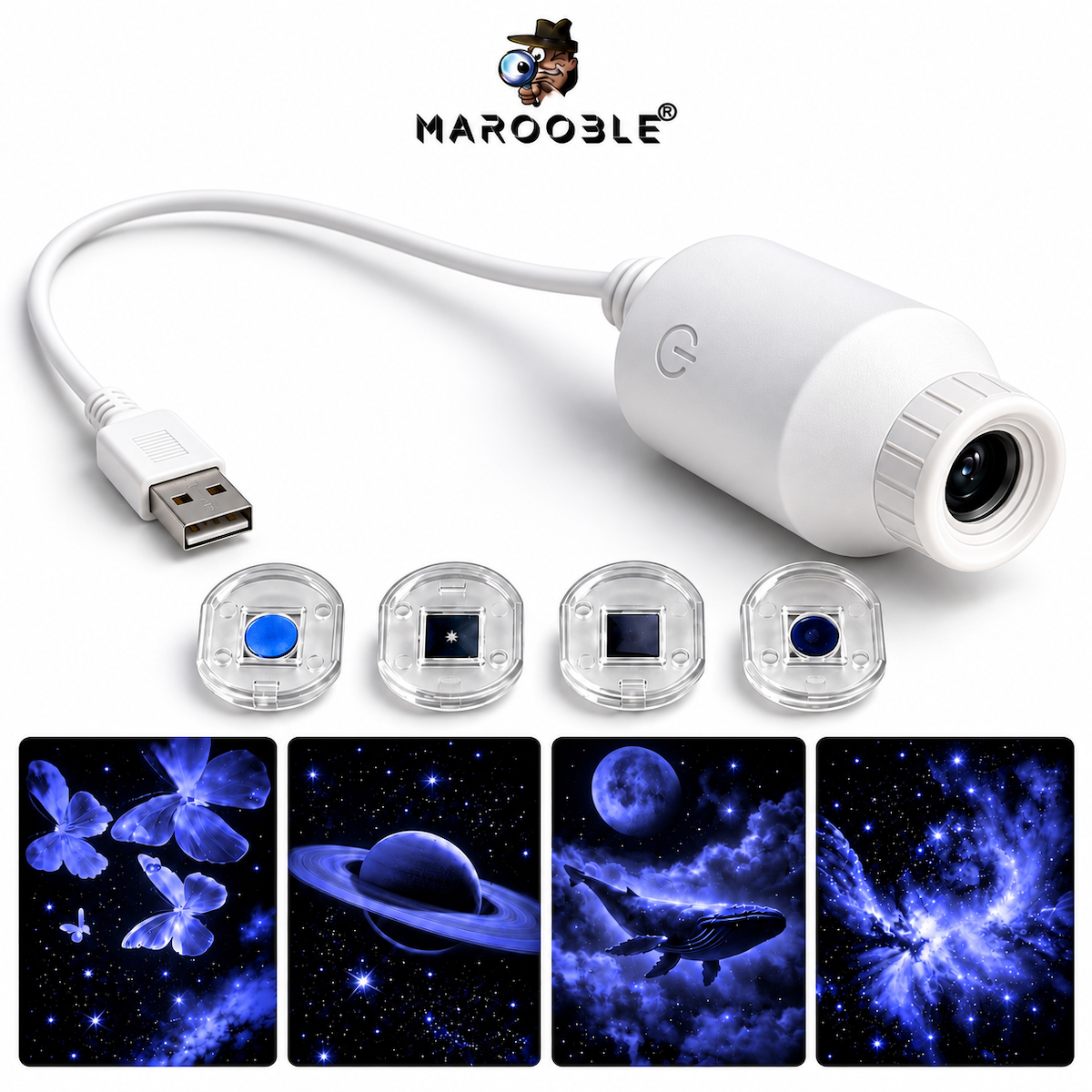 USB Gece Lambası ve Desen Projeksiyon 4 Değiştirilebilir Başlık Güçlü Aydınlatma