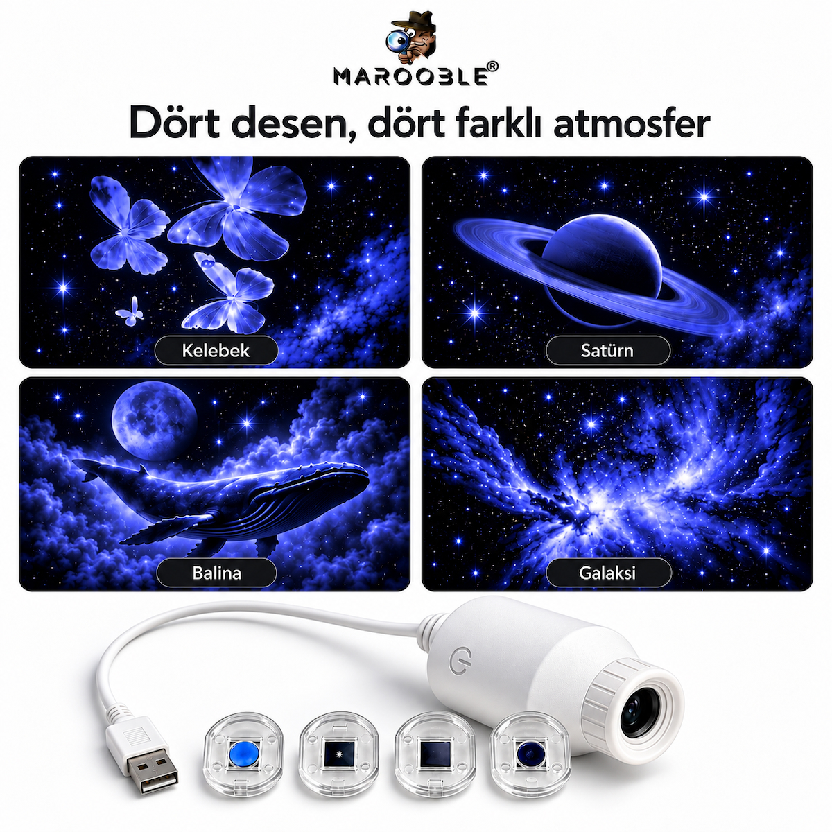 USB Gece Lambası ve Desen Projeksiyon 4 Değiştirilebilir Başlık Güçlü Aydınlatma