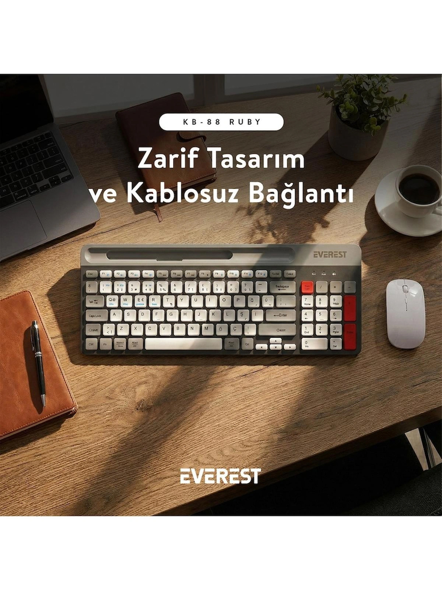 Everest KB-88 RUBY Beyaz/Gri 2.4G+BT1+BT2 Çoklu Cihaz Bağlantılı Q Kablosuz klavye