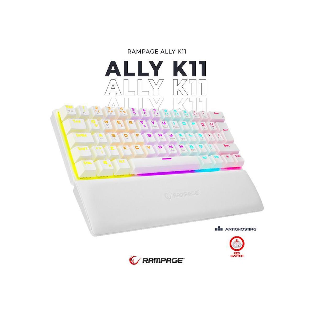 Rampage Ally K11 Beyaz 12 Işık Modlu Mekanik Antighosting Bilek Destekli Red Switch Gaming Oyuncu Klavyesi
