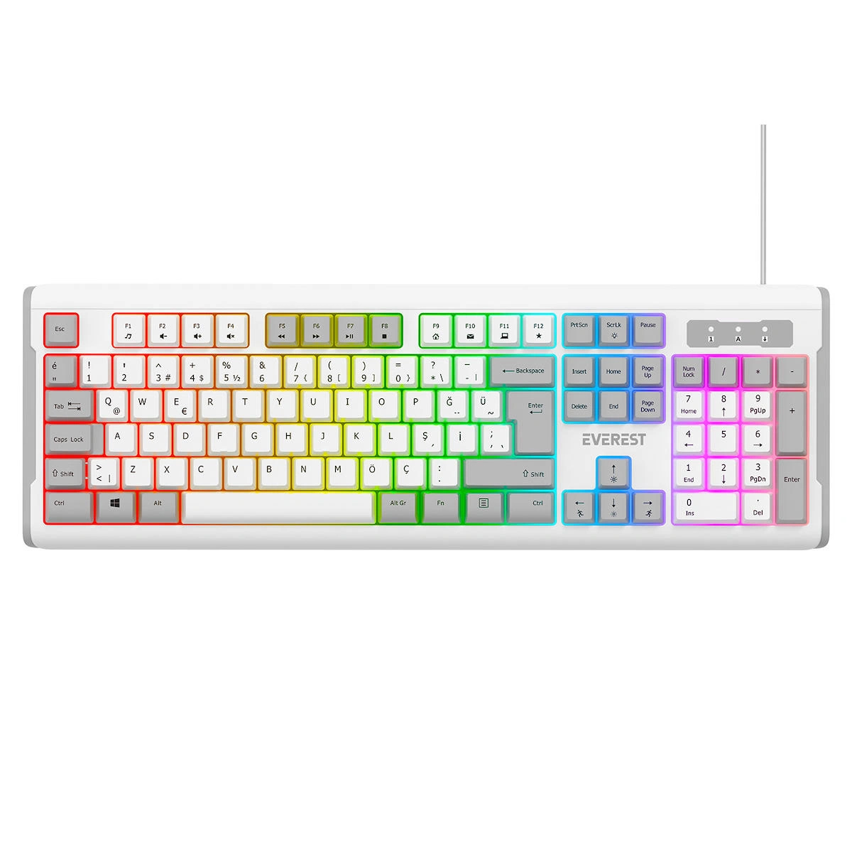 Everest KB-74 USB Rainbow Aydınlatmalı Q Membrane Multıemdya Gaming Oyuncu Klavyesi (Beyaz Gri)