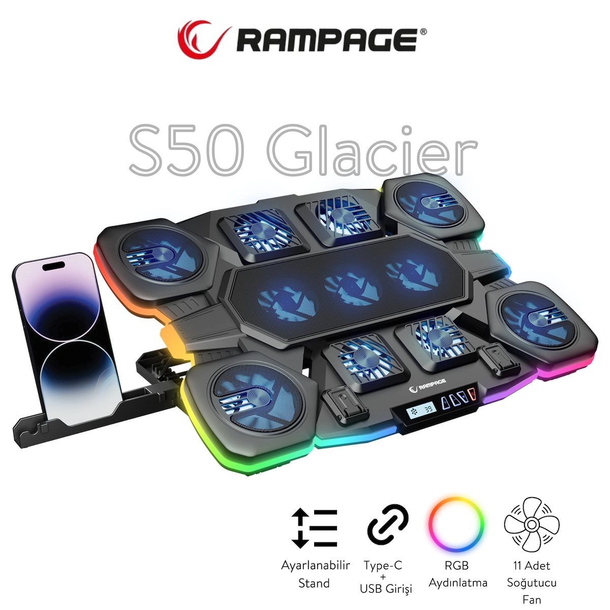 Rampage S50 Glacier RGB Işıklı 11 Fanlı LCD Göstergeli 1 Type C 1 Usb Girişli Yükselebilen Notebook Soğutucu