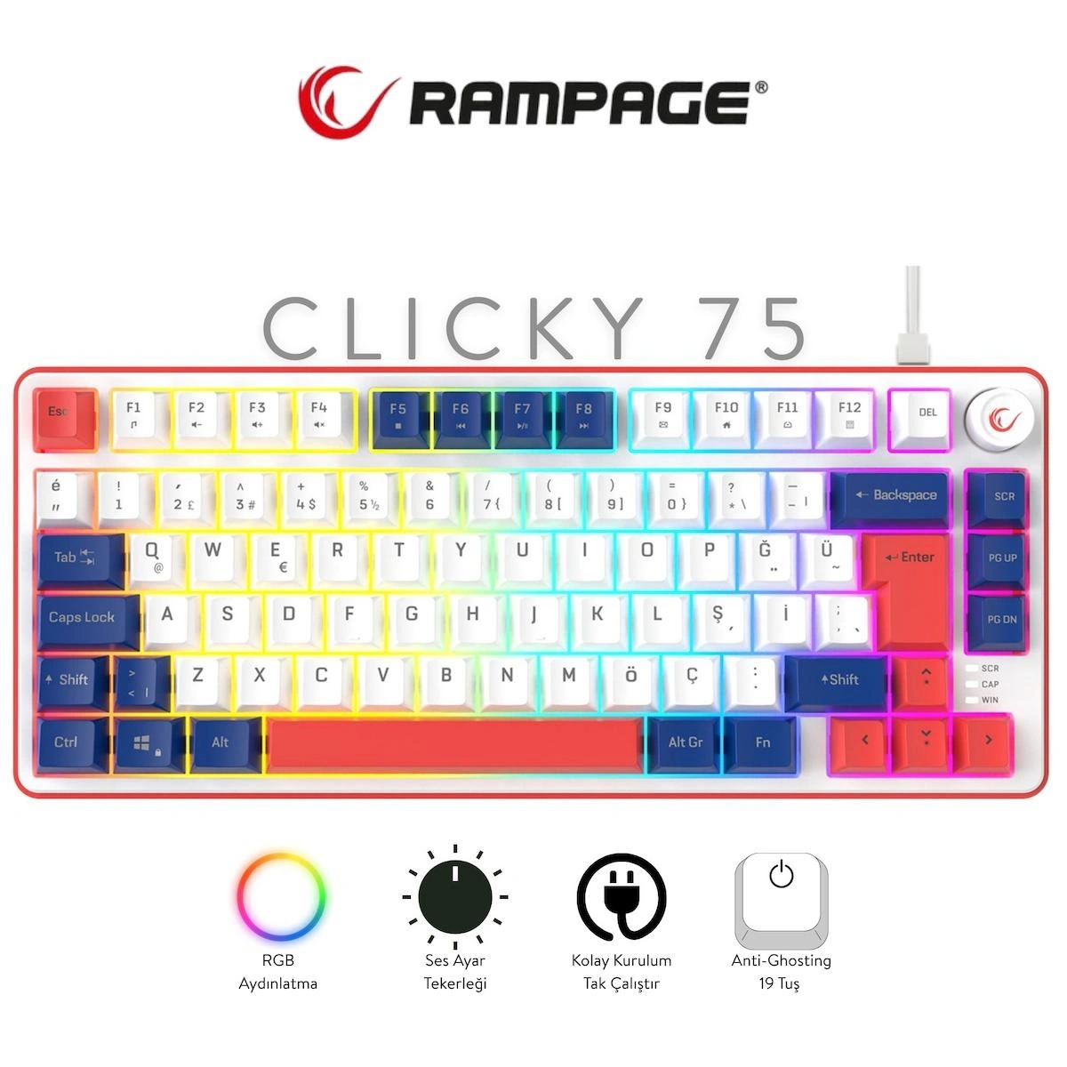 Clicky 75 Üç Renkli Mekanik Hisli RGB Türkçe Q Membrane Oyuncu Klavyesi