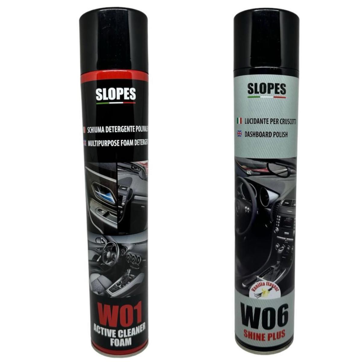 Slopes W06 Shine Plus Torpido Parlatıcı Sprey Ve Slopes W01 Active Cleaner Foam Çok Amaçlı Temizleme Köpüğü 500ml.  