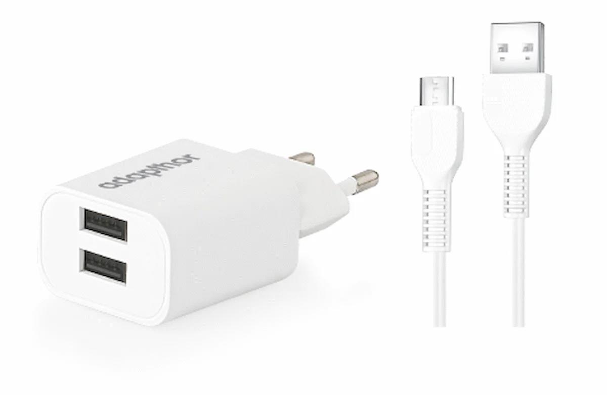 Adapthor 10W 5V 2.1A Çift Usb + Mıcro To Usb 3A Kablolu Set Beyaz 