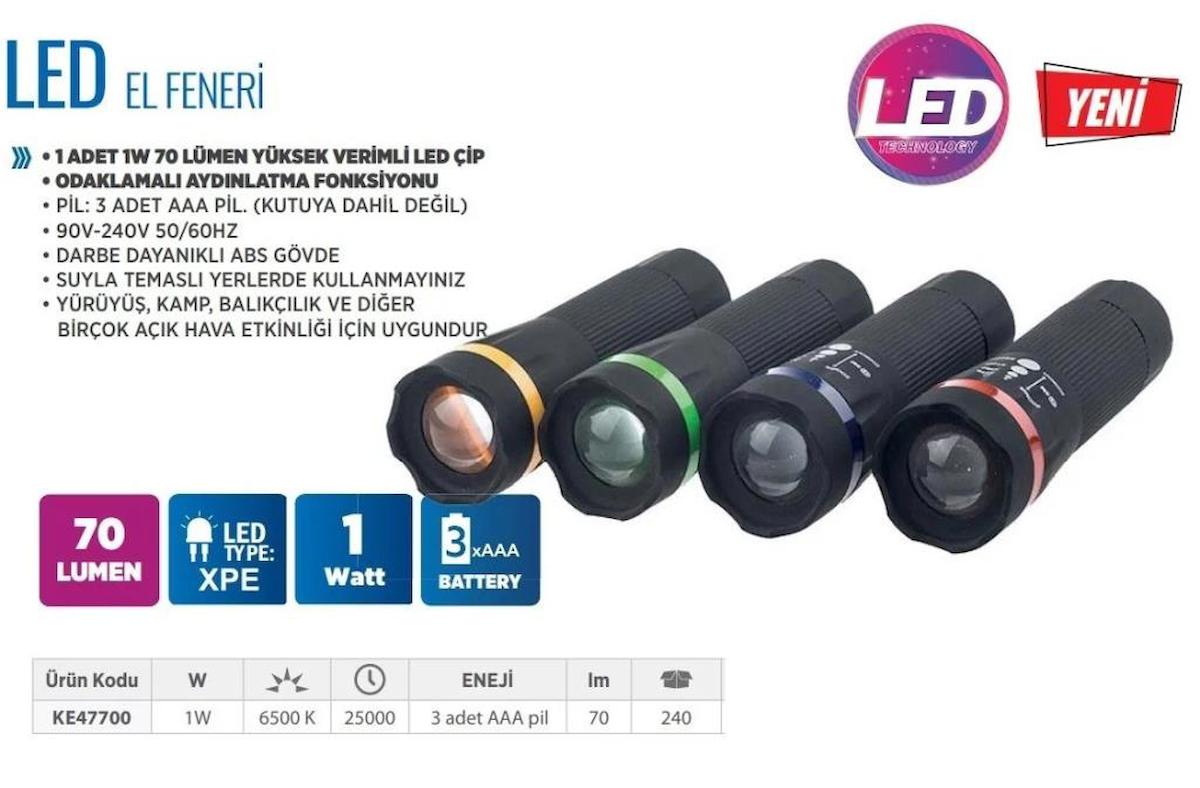 KLAUS LED EL FENERİ 1W 70 LUMEN 3A PİL KE47700