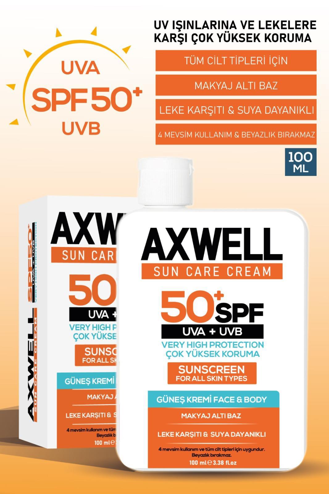 Axwell Sun Care 50+ Faktör Leke Karşıtı Tüm Cilt Tipleri İçin Renksiz Yüz Güneş Koruyucu Krem 100 ml