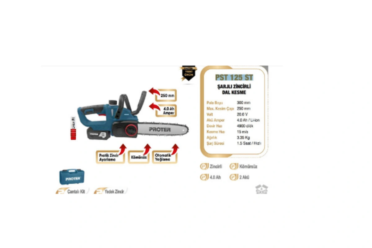 Proter PST 125 ST Şarjlı Zincirli Dal Kesme 20V 4.0Ah