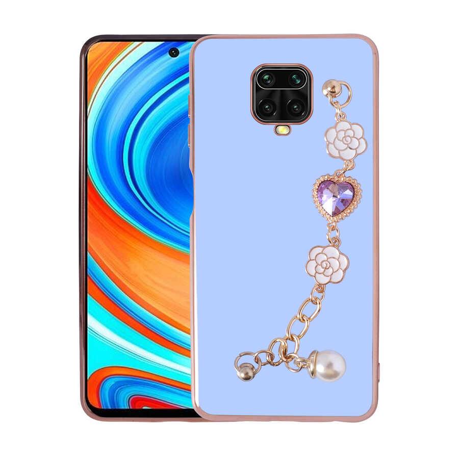 Xiaomi Redmi Note 9S Kılıf Kalpli Çiçekli Bileklik Zincirli Kamera Korumalı Kenarları Gold Renk Silikon