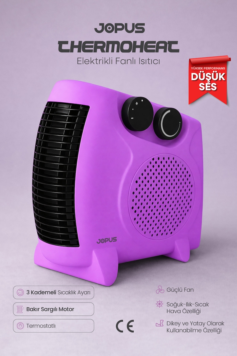 2000W Elektrikli Fanlı Isıtıcı, Termostatlı, Sıcak-Soğuk Hızlı Isıtma, 25 m² Alan Kapasitesi – Lila