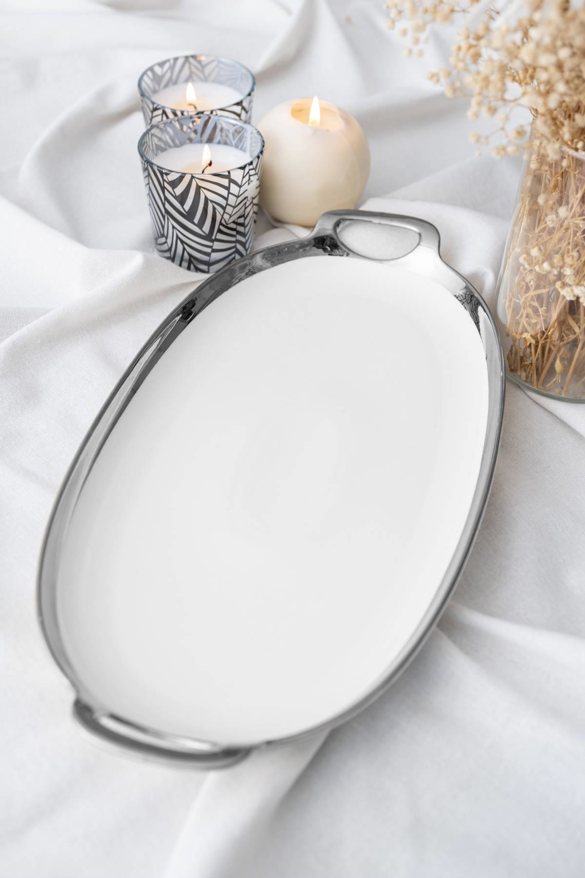 Arwen Oval Silver Sunum Tepsi - 40.5 cm