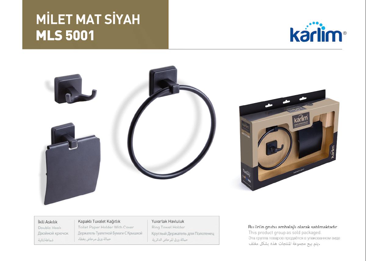 Karlim® Milet Serisi Gold Kaplama 3'lü Aksesuar Set ( Yuvarlak Havuluk - İkili Askılık - Kapaklı Kağıtlık 12 cm )