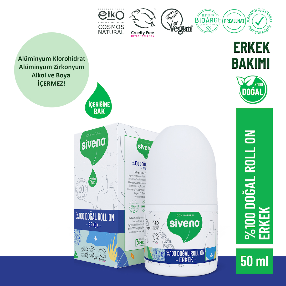 siveno doğal roll on erkek deodorant ter kokusu önleyici bitkisel leke bırakmayan vegan 50 ml