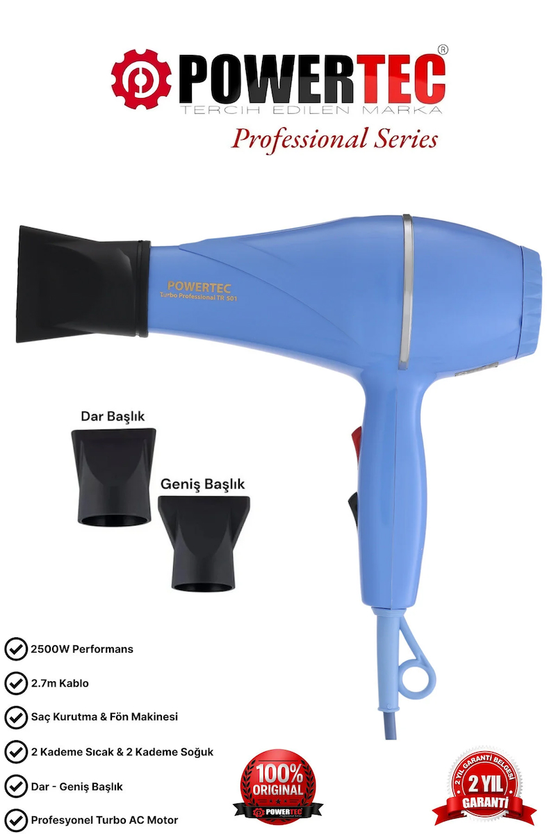 Powertec TR-501 Profesyonel Renkli Fön Makinesi Mavi