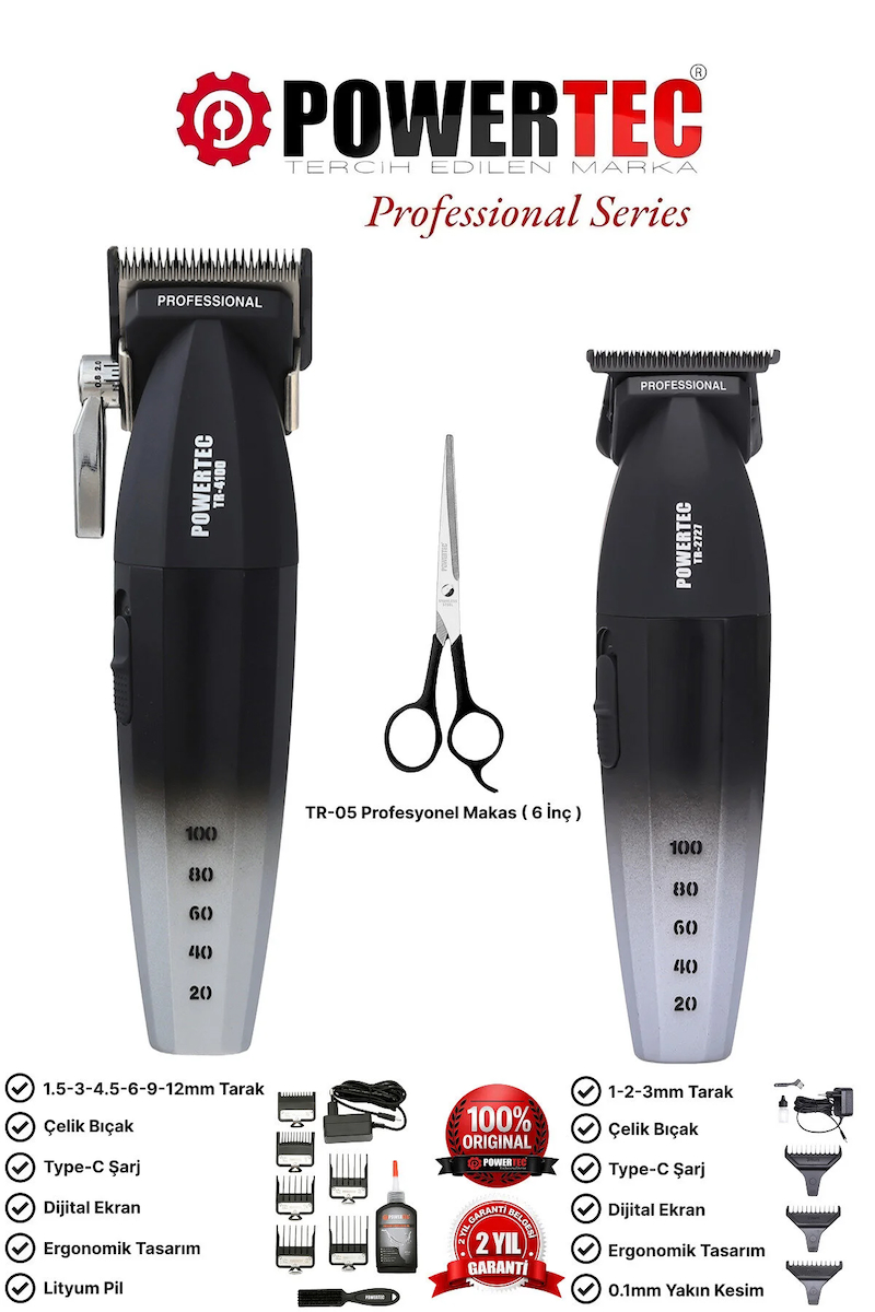 Powertec TR-4100 & TR-2727 Profesyonel Tıraş Makinesi 2’li Set | Erkek Bakım Seti (Makas Hediyeli)
